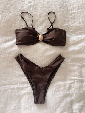 SHEIN Chocolate Brown Bandeau Bikini with Gold Detail